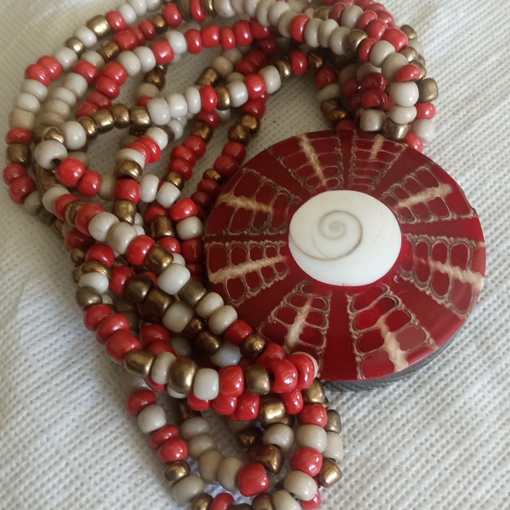 Red Glass Beaded Bracelet with Shell Shiva Eye Design NWOT